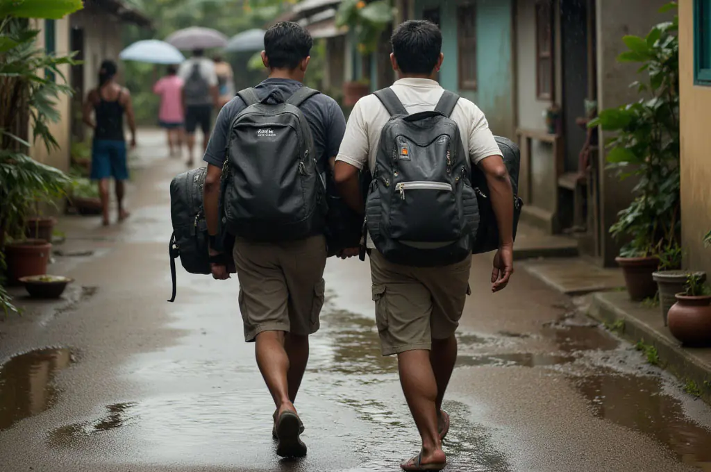 Two Travelers with waterproof bag walking in the communities 2