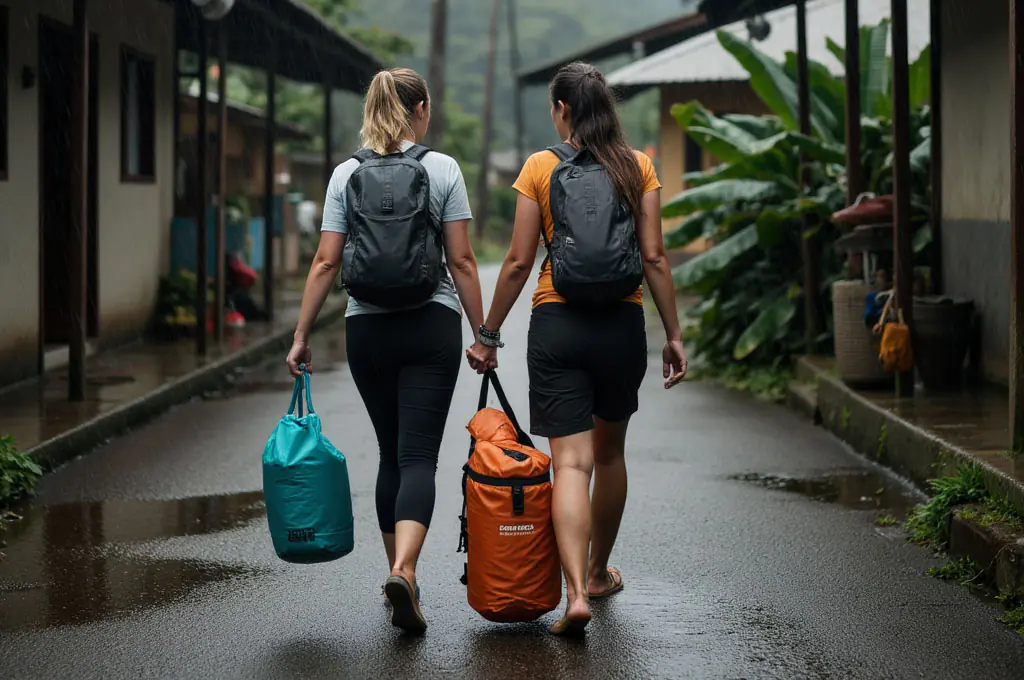 Two caucassian woman walking with a waterptoof bag
