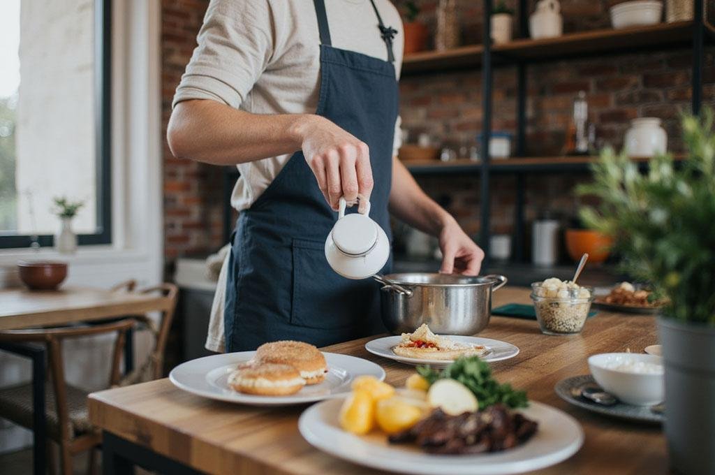 Traveller cooking in a hostel kitchen